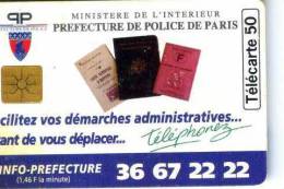 FRANCE TELECOM FRANCIA CHIP PREFECTURE DE PARIS TEMATICA THEMATIC POLIZIA MILITARIA  Télécarte Phonecard Telefonkart - 50 Units
