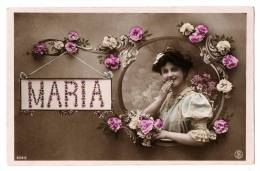 MARIA - Portrait Belle Jeune Fille Timide Dans Médaillon Fleuri - Carte Colorisée - Ecrite - Prénoms