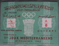 The First Mediterranean Games 1951. Alexandria, Egypt  - TICKET - Eintrittskarten