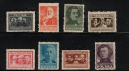 POLAND 1947 POLISH CULTURAL ISSUE PERF 2ND ISSUE COLOUR CHANGE SET OF 8 NHM Chopin Nobel Curie Mickiewicz Famous Poles - Neufs