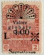 FRANCOBOLLO POSTA DI FIUME 1 LIRA SU 2 CENT. ROSA B SOPRASTAMPA SPOSTATA IN ALTO OCCUPAZIONE GUERRA ANNO 1921 - Jugoslawische Bes.: Fiume