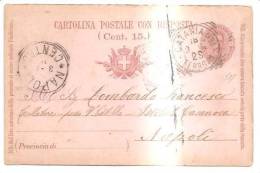 77814) INTERO POSTALE CON RISPOSTA DA  15 C. MILLESIMO 901 DA CATANIA A NAPOLI IL  18/3/1902 - Postwaardestukken