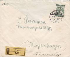 Austria Einschreiben Registered GRAZ 6 Label 1928 Brief Cover To Denmark 1 Sh Minoritenkirche Papier Graugelb (3 Scans) - Brieven En Documenten