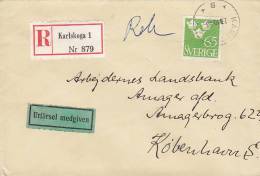 Sweden Registered Einschreiben KARLSKOGA 1 Nr. 879 Label KARLSKOGA 1953 Cover Brief To Denmark UTFÖRSEL MEDGIVEN Label - Cartas & Documentos