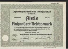 Vogtländische Spitzenweberei AG Plauen 100 Mark Aktie 1938 - Textiles