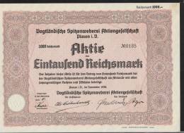 Vogtländische Spitzenweberei AG Plauen 1000 Mark Aktie 1938 - Textiles