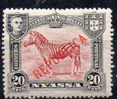 NYASSA COMPANY 1911 Zebra Overprinted Republica  20r. - Red And Black   MH - Nyassaland