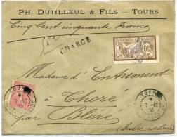 FRANCE - MERSON - N° 120 + 129 SUR LETTRE CHARGÉ, DE TOURS LE 7/12/1903, POUR BLERE - B - 1900-27 Merson