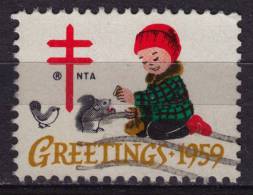 Squirrel Bird Girl USA NTA 1959 TBC CHRISTMAS Tuberculosis Charity Stamp / Cinderella Label Vignette - Rodents