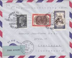 8492# LETTRE PAR AVION Obl PREMIER VOL POSTAL LUXEMBOURG NICE MADRID 1956 Pour RUMELANGE ALPES MARITIMES ESPAGNE ESPANA - Storia Postale