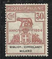 ITALIA REGNO 1924 PARASTATALI BIBLIOTECHE CIRCOLANTI MILANO CENT. 30 MNH - Portofreiheit