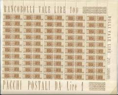 ITALIA REPUBBLICA ITALY REPUBLIC 1946 1951 PACCHI POSTALI PARCEL POST RUOTA WHEEL LIRE 1 LIRA FOGLIO DI 100 SHEET MNH - Postal Parcels