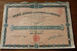 Paris 21 Mai 1928 Société Centrale Des Banques De Province TITRE-ACTION 125 Fr. Porteur Catégorie B - Bank & Insurance