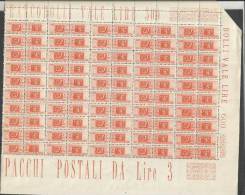 ITALIA REPUBBLICA ITALY REPUBLIC 1946 1951 PACCHI POSTALI RUOTA WHEEL 1947 LIRE 3 MNH MEZZO FOGLIO DI 50 HALF SHEET - Pacchi Postali