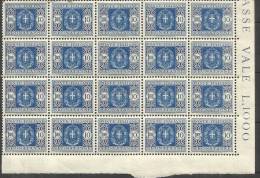 ITALY KINGDOM ITALIA REGNO 1934 SEGNATASSE L.10 MNH BLOCCO DI 20 BLOCK - Portomarken