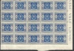 ITALY KINGDOM ITALIA REGNO 1934 SEGNATASSE L.10 MNH BLOCCO DI 20 BLOCK - Segnatasse