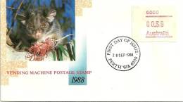 AUSTRALIA FDC POSSUM ANIMAL FRAMA 1 STAMP OF $0.37 POSTCODE:6000 WESTERN AU DATED 28-09-1988 CTO SG? READ DESCRIPTION !! - Machine Labels [ATM]