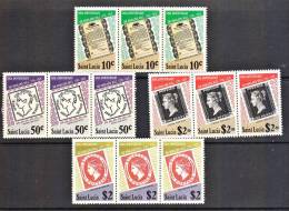 C0131 SAINT LUCIA 1979, SG 509-12, Rowland Hill Centenary, Strips Of 3 Stamps From Sheetlets P12 MNH - St.Lucie (1979-...)