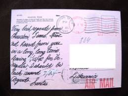 Post Card Sent From USA To Lithuania , Atm Red Cancel Houston Texas, 2 Scans - Brieven En Documenten