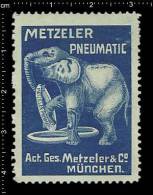 Old Original German Poster Stamp ( Cinderella, Reklamemarke Vignette) éléphant Elephant, Elefant,  METZELER AUTO TIRES - Elefanten