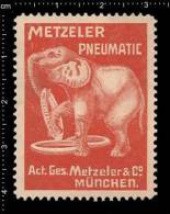 Old Original German Poster Stamp ( Cinderella, Reklamemarke Vignette) éléphant Elephant, Elefant,  METZELER AUTO TIRES - Elefanten