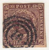 Denmark Used Scott #2 4rs Royal Emblems, Brown Cancel: 3-ring 18? - Used Stamps