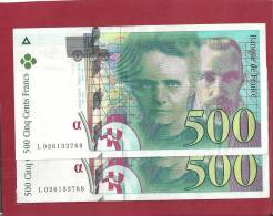 ► EB048 - 2 Billets 500 Francs Pierre Et Marie CURIE 1994 - 2 Numéros Se Suivant ( L 026133768 Et - 69) - Bon état - 500 F 1994-2000 ''Pierre En Marie Curie''