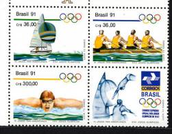 BRESIL 1991, VOILE AVIRON NATATION, PANAMERICAINS Et JEUX OLYMPIQUES 1992, 3 Valeurs + Vignette, Neufs. R436 - Neufs