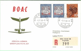 B.O.A.C FIRST VC 10 JET FLIGHT REGISTERED ZURICH-LUSAKA 1966 - First Flight Covers