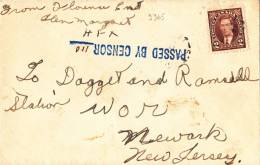 9365# CANADA GEORGE VI / LETTRE PASSED BY CENSOR Pour NEWARK NEW JERSEY USA ETATS UNIS - Lettres & Documents