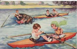 Carte Postale Fantaisie Dessinée  ENFANT-FILLE-GARCON-en Canoé Kayak-Aviron-Bateau-SPORT- VOIR 2 SCANS - - Rudersport
