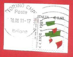 ITALIA REPUBBLICA USATO FRAMMENTO - 2011 - 150º Anniversario Dell´unità D´Italia - Bandiere Italiane -  € 0,60 - S. 3212 - 2011-20: Gebraucht