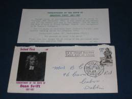 FDC Cover Brief Ireland Irland 1967 1/5 Tercenterary Of The Birth Of Dean Swift Used Inc. Card !!! DAMAGED !!! - Brieven En Documenten