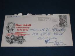 FDC Cover Brief Ireland Irland 1967 3P Tercenterary Of The Birth Of Dean Swift Used To Angola !!! DAMAGED !!! - Brieven En Documenten