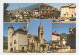 THEYS (Isère) - CP - Postes église Fontaine, Café Hôtel De Ville + Voitures Peugeot 304, Opel Corsa, Renault 5 - Theys