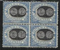 SAN MARINO 1931 SEGNATASSE MASCHERINE SOPRASTAMPATI CENT.15 SU 5 MNH QUARTINA - Timbres-taxe