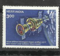 INDIA,1984 ,INDIAN -RUSSIAN SPACE COOPERATION, Flight,  Indo Soviet Joint Issue, Scott 1058, MNH,(**) - Neufs