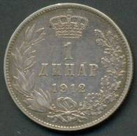 SERBIA , 1 DINAR 1912 ,UNCLEANED SILVER COIN - Servië