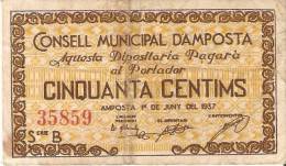 BILLETE DE 50 CTS DEL CONSELL MUNICIPAL D´AMPOSTA DEL AÑO 1937 (BANKNOTE) RARO - Autres & Non Classés
