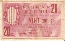 BILLETE DE 20 CTS DEL AJUNTAMENT DE LA POBLA DE SEGUR DEL AÑO 1937 (BANKNOTE) - Sonstige & Ohne Zuordnung