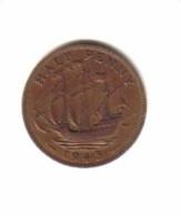 GREAT BRITAIN    1/2 PENNY  1943  (KM # 844) - C. 1/2 Penny