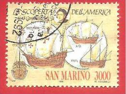 SAN MARINO - USATO - 1991 - Celebrazioni Colombiane - 2ª Emissione - Le Tre Caravelle - £ 3000 - S. 1317 - Gebraucht