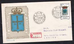 SA158.-. SPAIN / ESPAÑA .-. 1964.  ARMS COAT OF OVIEDO, REGISTERED FDC TO LERIDA, ARRIVAL CACHET ON BACK. - Sobres