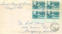 1958  British Columbia Centennial Sc 377  Corner Block Of 4  Calgary AB Date Stamp Cancel - 1952-1960