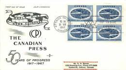 1967  Canadian Press News Agency  Sc 473  Block Of 4 RoseCraft Cachet - 1961-1970
