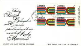1971 BC Centennial  Sc 552  UR Plate Block On Official Cover - 1961-1970