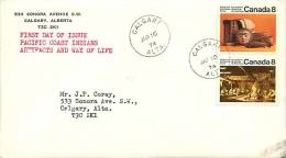 1973  Pacific Coast Indians  Sc 570-1 Se-tenant Pair Corey Corner Card  Calgary AB Datestamp Cancel - 1971-1980