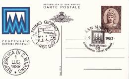 B02  Carte Postale FDC De San Marino - 100ème Anniversaire - Du 01-09-1982 - Entiers Postaux