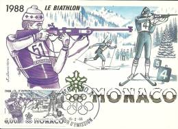 MONACO - CALGARY Canada - Le Biathlon - Timbre Et Tampon Jour D'émission 1988 - Maximum Cards