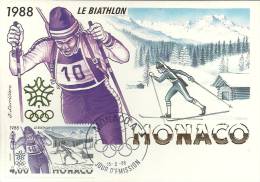 MONACO - CALGARY - CANADA - Le Biathlon - Timbre Et Tampon Jour D'émission 1988 - Maximum Cards